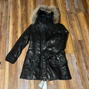 Super cute and soft leather long dress coat, size XL